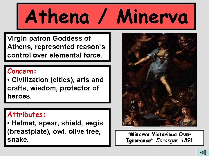 Athena / Minerva Virgin patron Goddess of Athens, represented reason’s control over elemental force.