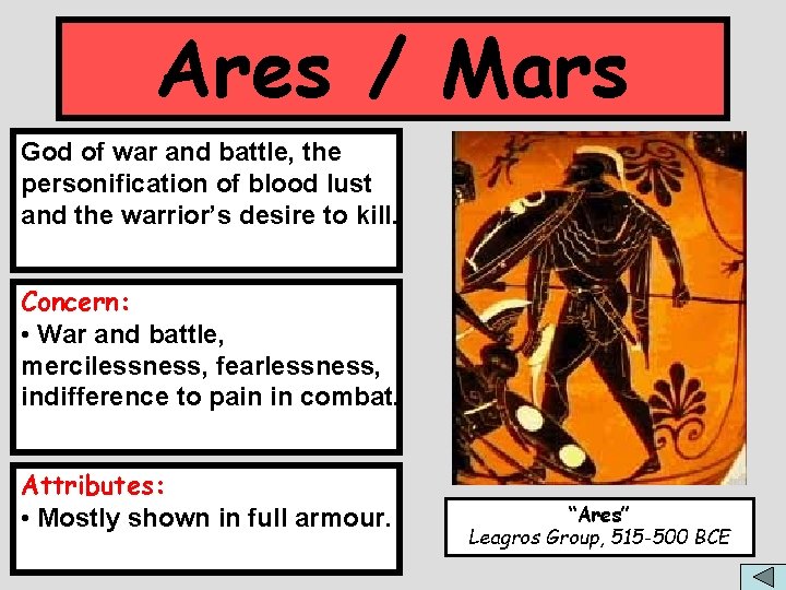 Ares / Mars God of war and battle, the personification of blood lust and