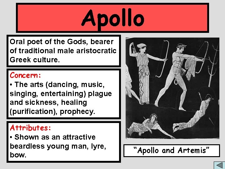 Apollo Oral poet of the Gods, bearer of traditional male aristocratic Greek culture. Concern: