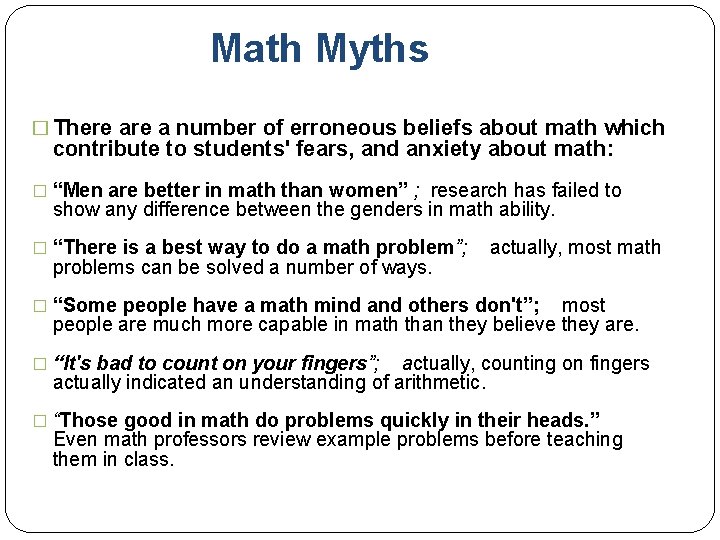 The Math Myth Managing and Eliminating Math Anxiety 1 hour workshop