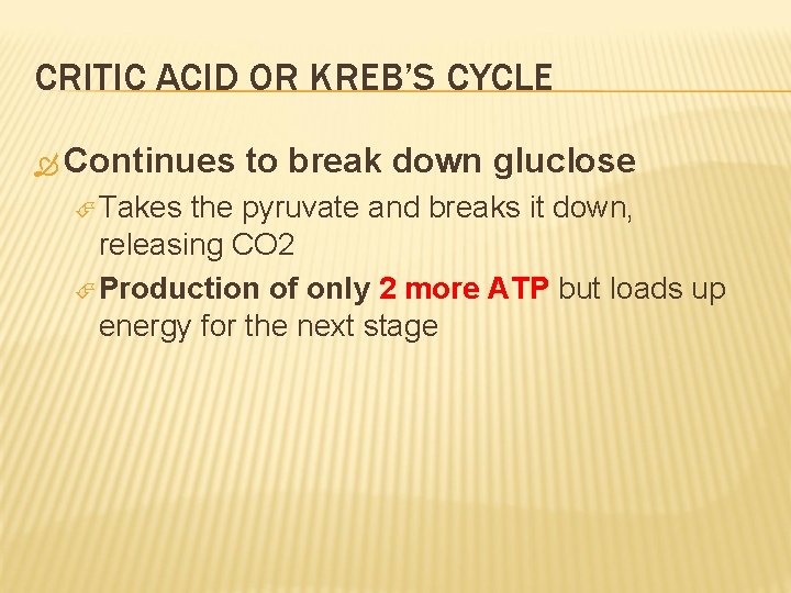 CRITIC ACID OR KREB’S CYCLE Continues Takes to break down gluclose the pyruvate and