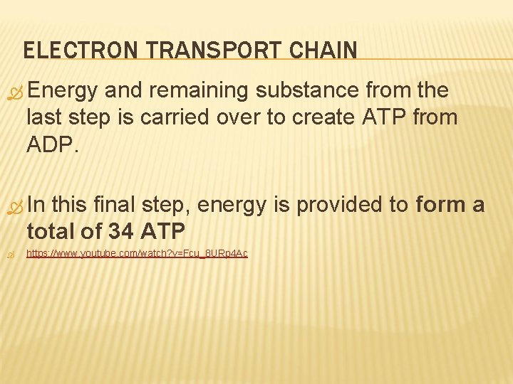 ELECTRON TRANSPORT CHAIN Energy and remaining substance from the last step is carried over