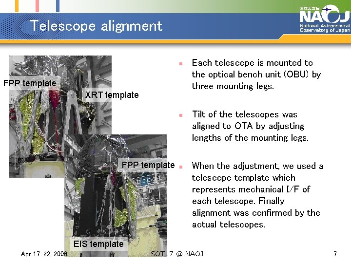 Telescope alignment n FPP template XRT template n FPP template n Each telescope is