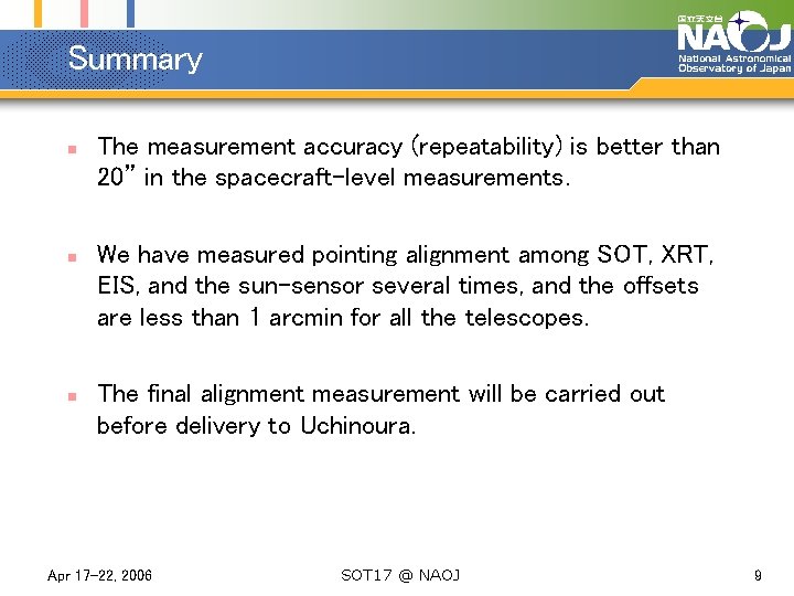Summary n n n The measurement accuracy (repeatability) is better than 20” in the