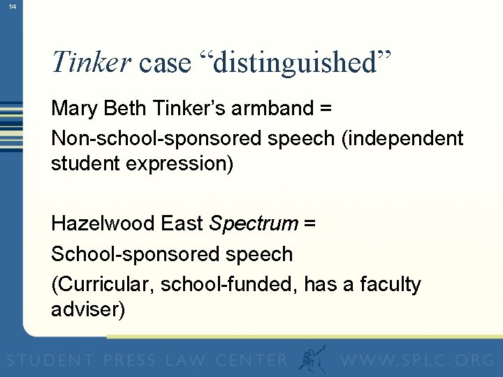 14 Tinker case “distinguished” Mary Beth Tinker’s armband = Non-school-sponsored speech (independent student expression)