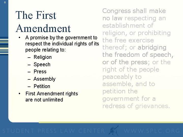 6 Congress shall make no law respecting an establishment of religion, or prohibiting •