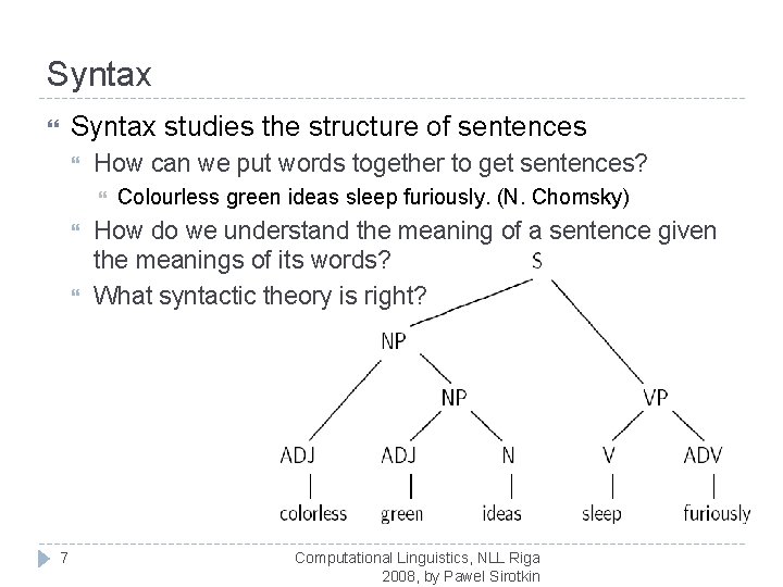 Syntax studies the structure of sentences How can we put words together to get