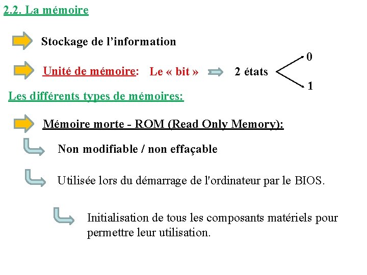 2. 2. La mémoire Stockage de l’information 0 Unité de mémoire: Le « bit