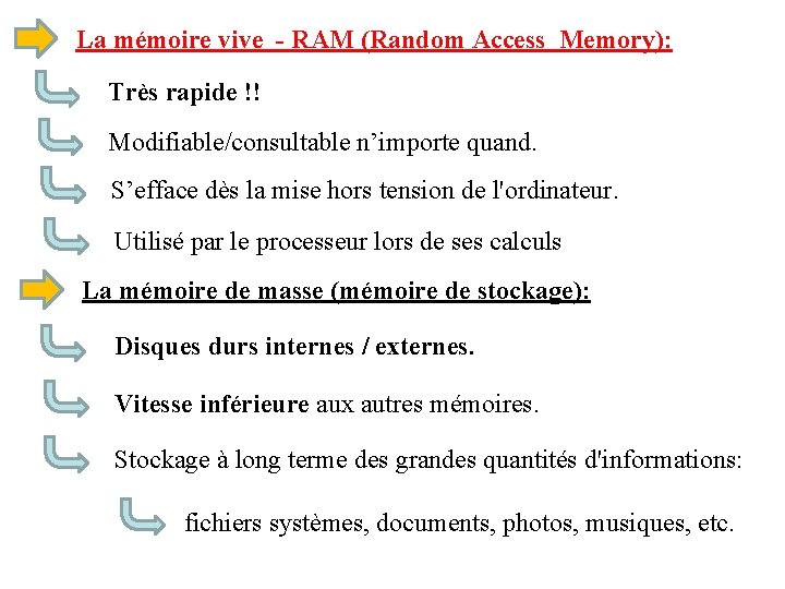 La mémoire vive - RAM (Random Access Memory): Très rapide !! Modifiable/consultable n’importe quand.