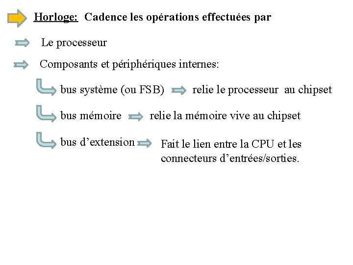 Horloge: Cadence les opérations effectuées par Le processeur Composants et périphériques internes: bus système