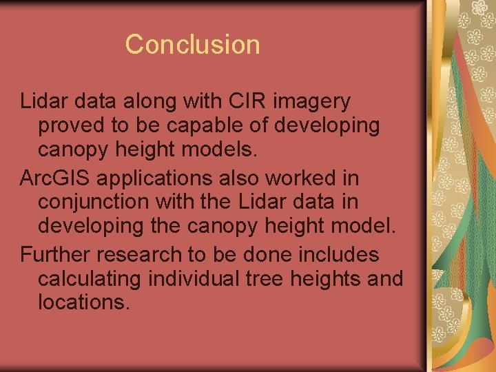 Conclusion Lidar data along with CIR imagery proved to be capable of developing canopy