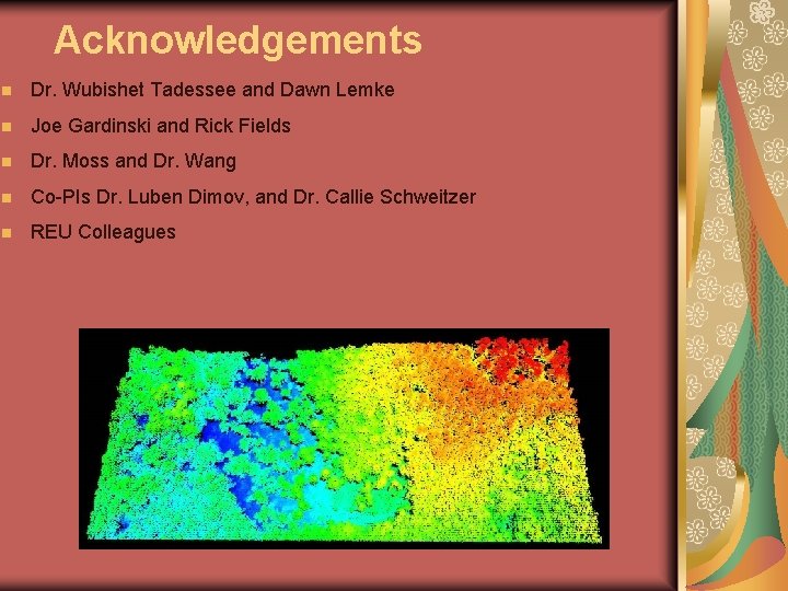 Acknowledgements n Dr. Wubishet Tadessee and Dawn Lemke n Joe Gardinski and Rick Fields