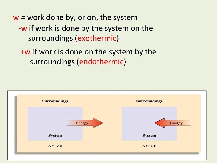 w = work done by, or on, the system -w if work is done