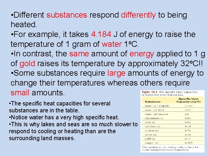  • Different substances respond differently to being heated. • For example, it takes