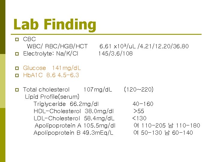 Lab Finding p p p CBC WBC/ RBC/HGB/HCT Electrolyte: Na/K/Cl 6. 61 x 103/u.