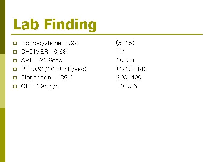 Lab Finding p p p Homocysteine 8. 92 D-DIMER 0. 63 APTT 26. 8