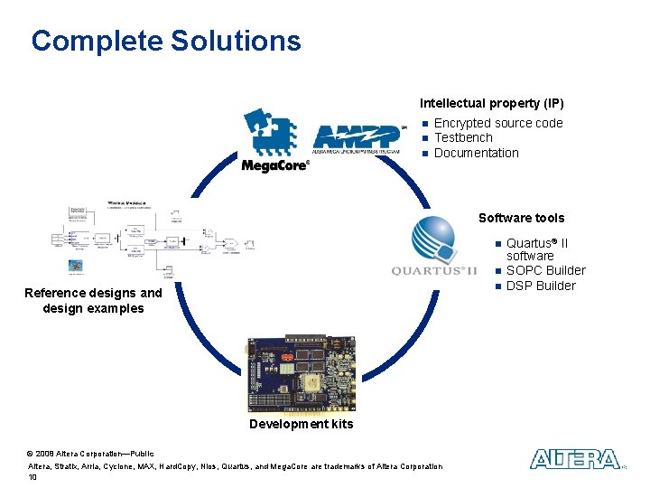 Complete Solutions Intellectual property (IP) n n n Encrypted source code Testbench Documentation Software Complete Solutions Intellectual property (IP) n n n Encrypted source code Testbench Documentation Software