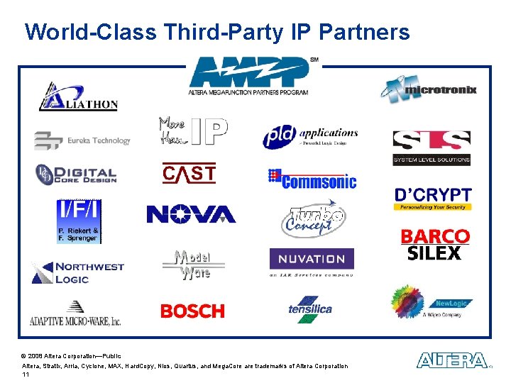 World-Class Third-Party IP Partners © 2008 Altera Corporation—Public Altera, Stratix, Arria, Cyclone, MAX, Hard. World-Class Third-Party IP Partners © 2008 Altera Corporation—Public Altera, Stratix, Arria, Cyclone, MAX, Hard.