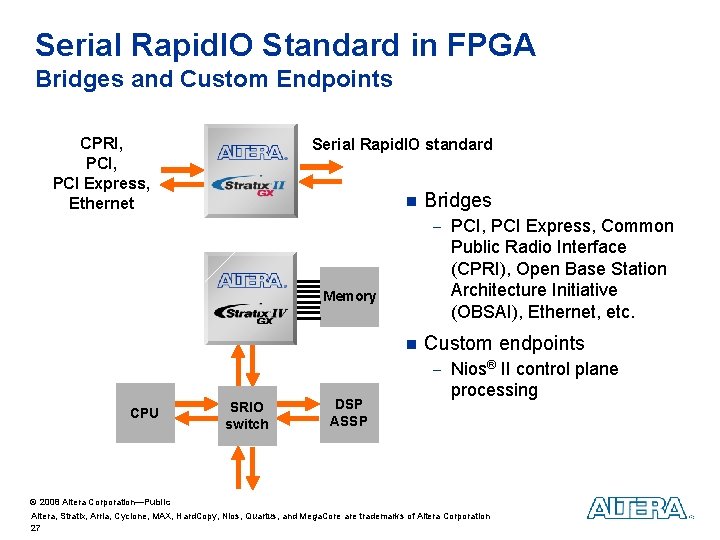 Serial Rapid. IO Standard in FPGA Bridges and Custom Endpoints CPRI, PCI Express, Ethernet Serial Rapid. IO Standard in FPGA Bridges and Custom Endpoints CPRI, PCI Express, Ethernet