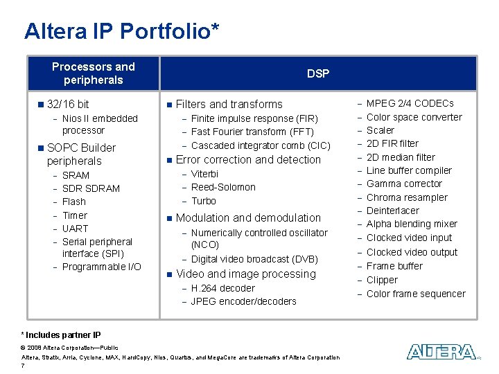 Altera IP Portfolio* Processors and peripherals n 32/16 bit - Nios II embedded processor Altera IP Portfolio* Processors and peripherals n 32/16 bit - Nios II embedded processor