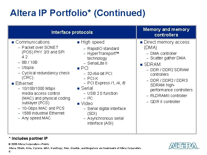 Altera IP Portfolio* (Continued) Memory and memory controllers Interface protocols n Communications n - Altera IP Portfolio* (Continued) Memory and memory controllers Interface protocols n Communications n -