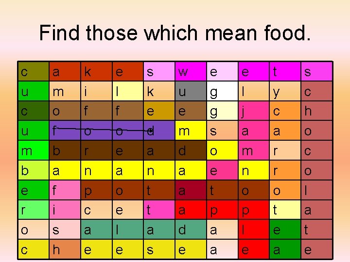 Find those which mean food. c u m b e r o c a