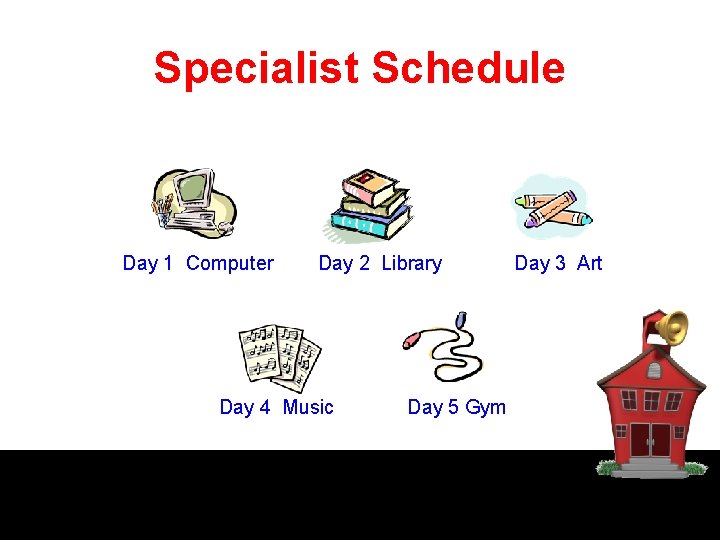 Specialist Schedule Day 1 Computer Day 2 Library Day 4 Music Day 5 Gym