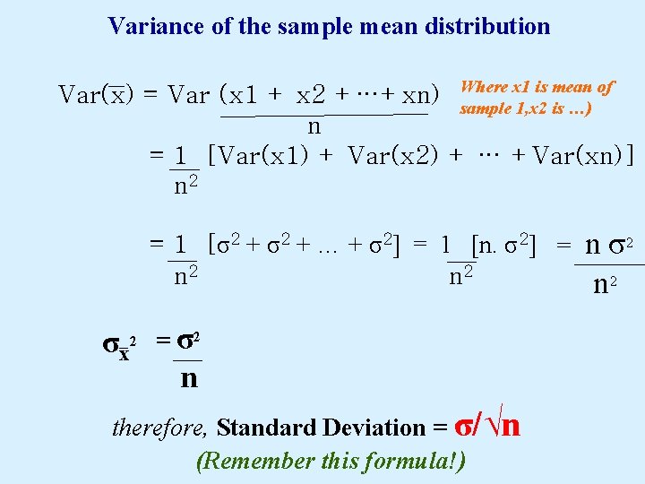 Variance of the sample mean distribution x 1 is mean of Var(x) = Var