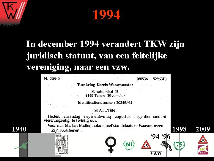 1994 In december 1994 verandert TKW zijn juridisch statuut, van een feitelijke vereniging, naar