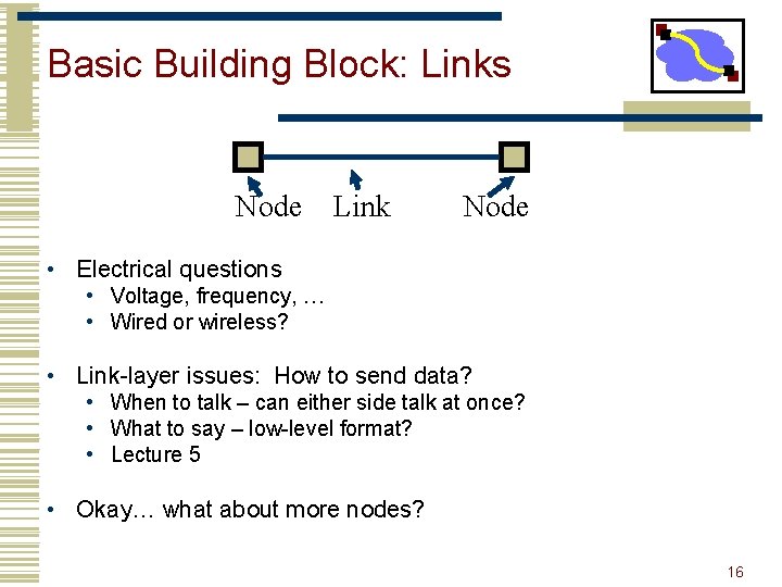 Basic Building Block: Links Node Link Node • Electrical questions • Voltage, frequency, …