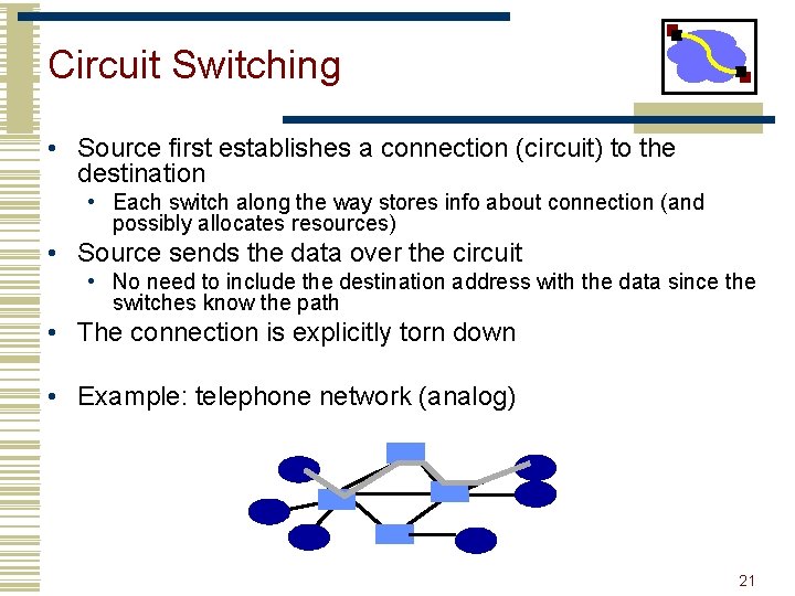 Circuit Switching • Source first establishes a connection (circuit) to the destination • Each