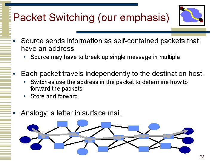Packet Switching (our emphasis) • Source sends information as self-contained packets that have an