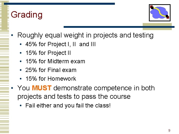 Grading • Roughly equal weight in projects and testing • • • 45% for