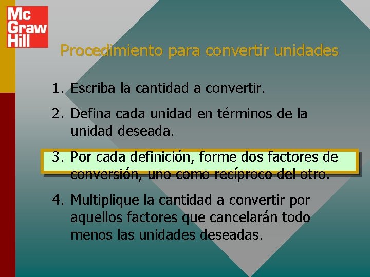 Procedimiento para convertir unidades 1. Escriba la cantidad a convertir. 2. Defina cada unidad