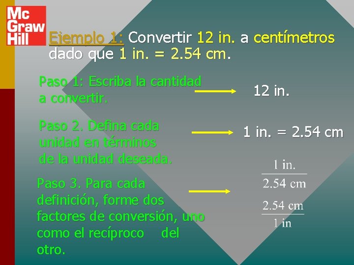 Ejemplo 1: Convertir 12 in. a centímetros dado que 1 in. = 2. 54