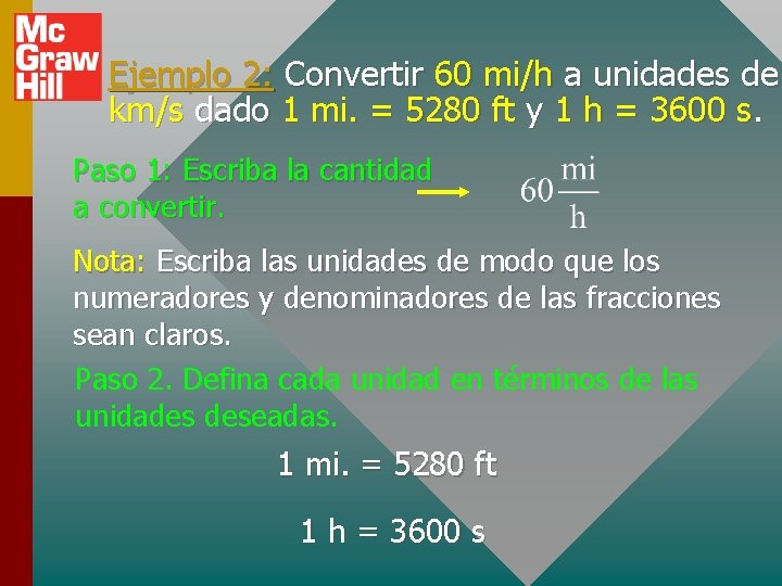 Ejemplo 2: Convertir 60 mi/h a unidades de km/s dado 1 mi. = 5280