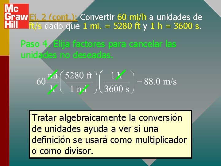 Ej. 2 (cont. ): Convertir 60 mi/h a unidades de ft/s dado que 1