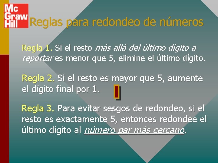 Reglas para redondeo de números Regla 1. Si el resto más allá del último
