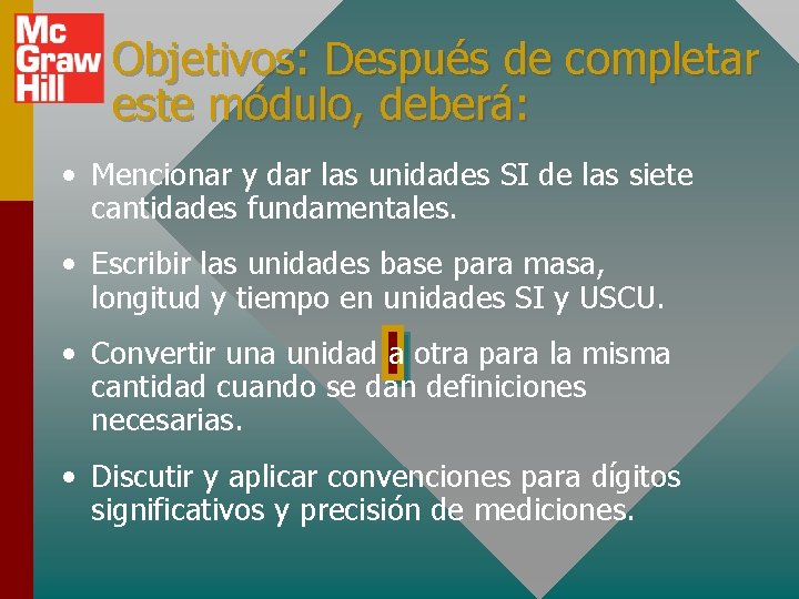 Objetivos: Después de completar este módulo, deberá: • Mencionar y dar las unidades SI