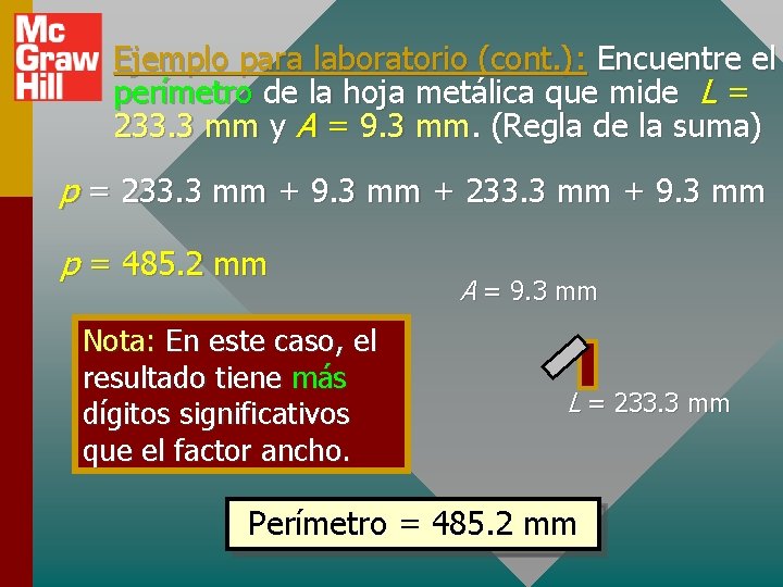 Ejemplo para laboratorio (cont. ): Encuentre el perímetro de la hoja metálica que mide
