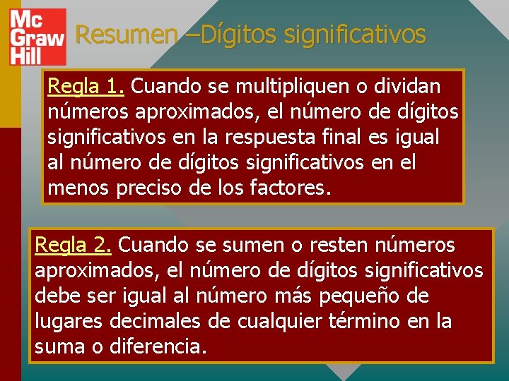 Resumen –Dígitos significativos Regla 1. Cuando se multipliquen o dividan números aproximados, el número