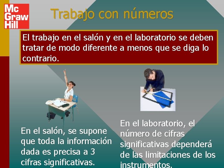 Trabajo con números El trabajo en el salón y en el laboratorio se deben