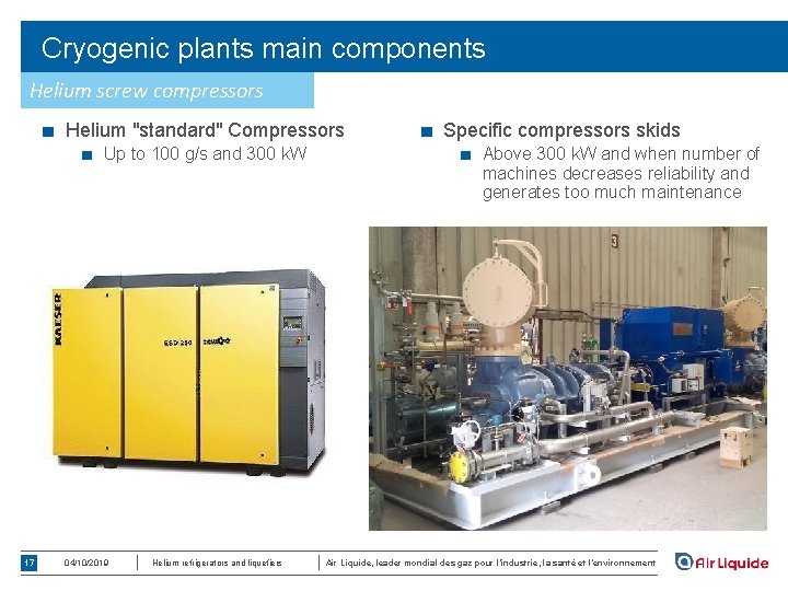 Cryogenic plants main components Helium screw compressors ■ Helium "standard" Compressors ■ Up to