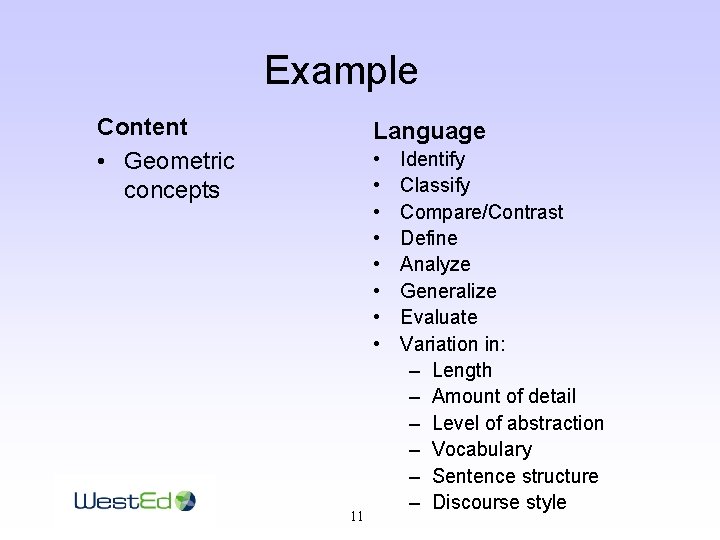 Example Content • Geometric concepts Language • • 11 Identify Classify Compare/Contrast Define Analyze