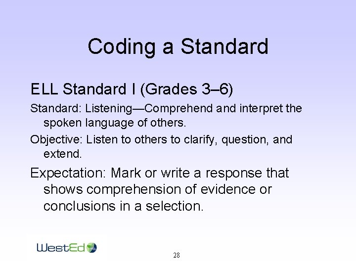 Coding a Standard ELL Standard I (Grades 3– 6) Standard: Listening—Comprehend and interpret the