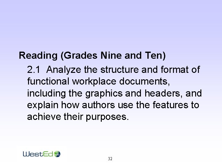Reading (Grades Nine and Ten) 2. 1 Analyze the structure and format of functional