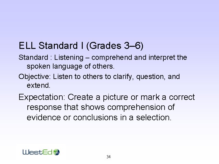 ELL Standard I (Grades 3– 6) Standard : Listening – comprehend and interpret the