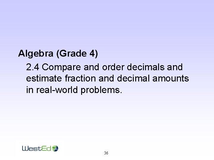 Algebra (Grade 4) 2. 4 Compare and order decimals and estimate fraction and decimal