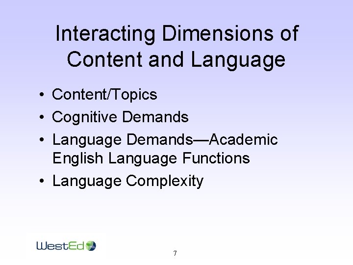Interacting Dimensions of Content and Language • Content/Topics • Cognitive Demands • Language Demands—Academic