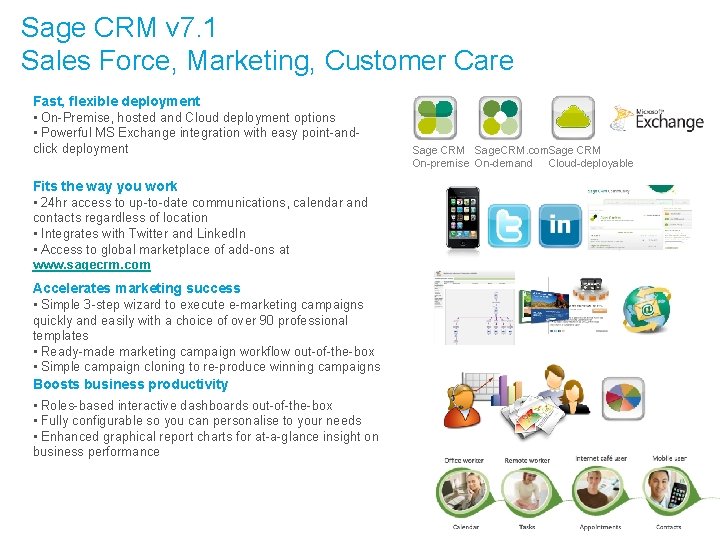 Sage CRM v 7. 1 Sales Force, Marketing, Customer Care Fast, flexible deployment •